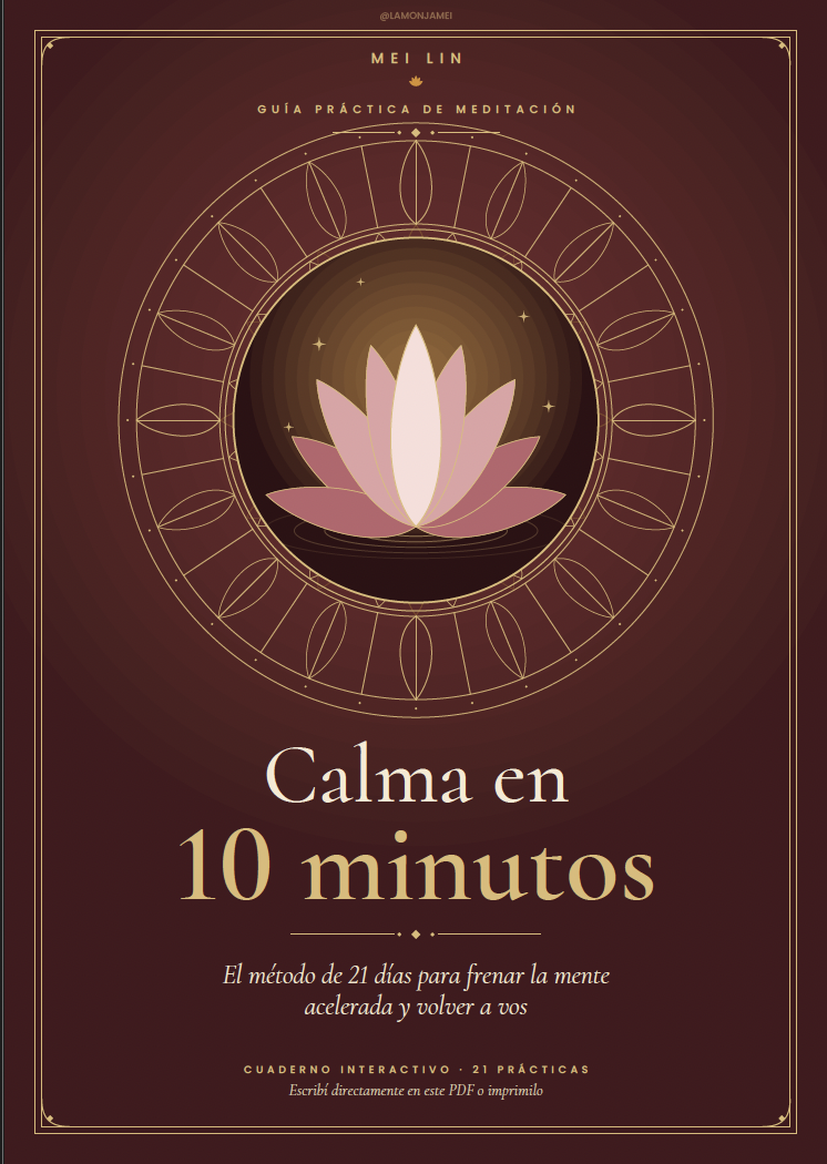 Portada del cuaderno Calma en 10 minutos, con loto dorado sobre fondo bordó