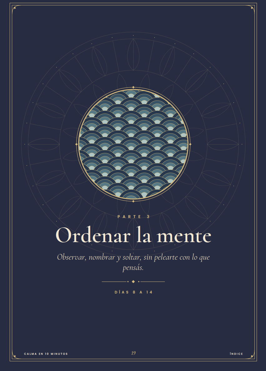 Portada de la parte 3: Ordenar la mente, con patrón de olas en azul y oro